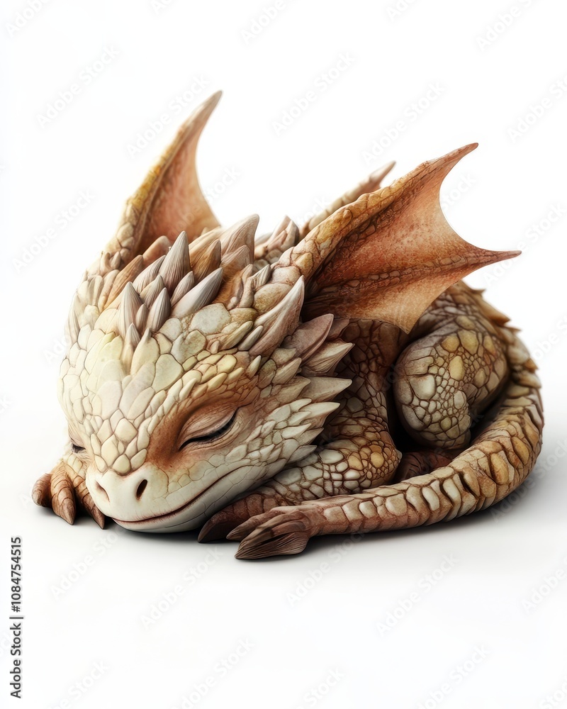 Obraz premium Sleeping baby dragon animal mythical creature white background.