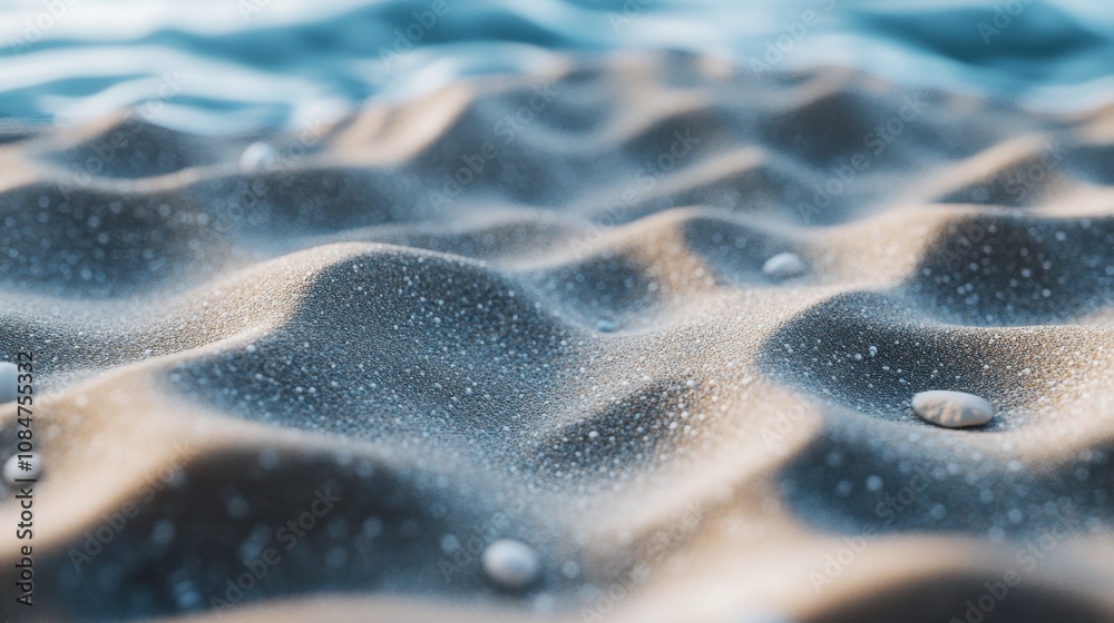 Close-Up View of Textured Sandy Surface with Gentle Ocean Waves and Glimmering Light Reflections, Capturing the Essence of a Serene Coastal Environment Close-Up View of Textured Sandy Surface with Gentle Ocean Waves and Glimmering Light Reflections, Capturing the Essence of a Serene Coastal Environment