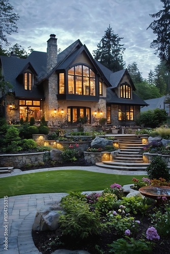 Luxury house exterior with impressive backyard landscape design.
