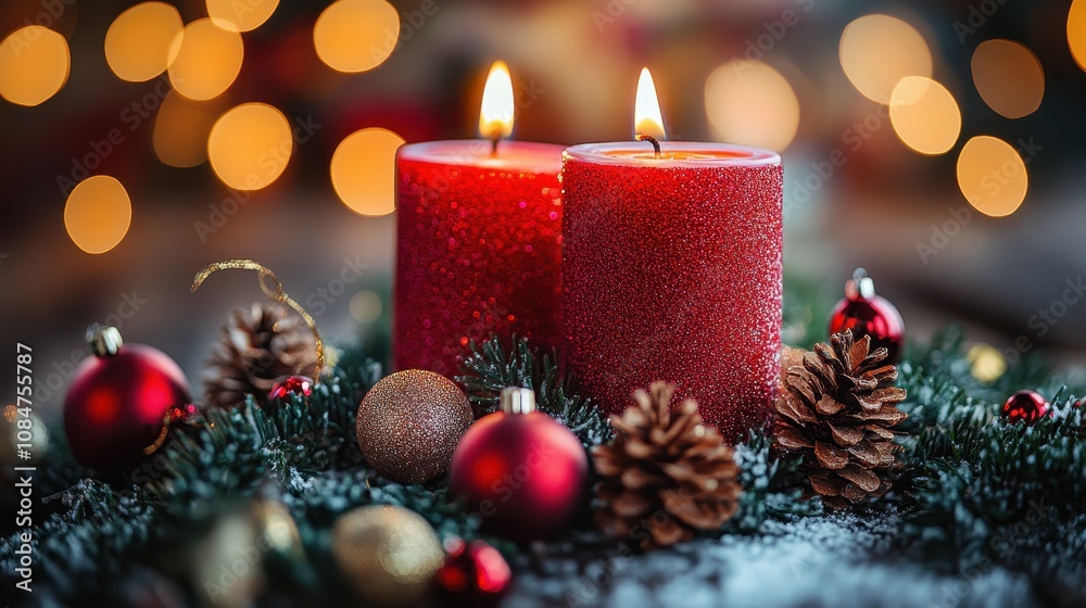 Two red candles are lit on a table with a wreath of pinecones and red ornaments. hyperrealistic Video Two red candles are lit on a table with a wreath of pinecones and red ornaments. hyperrealistic Video