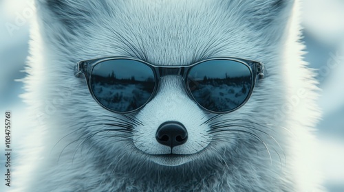 Arctic fox in sunglasses. Close-up portrait of an Arctic fox. An anthopomorphic creature. A fictional character for advertising and marketing. Humorous character for graphic design photo