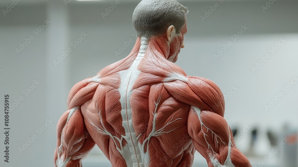 A muscular back with a highlighted spine and nerve pathways ...