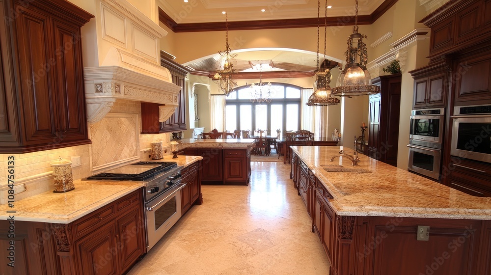 Elegant and Spacious Gourmet Kitchen with Luxurious Dark Wood Cabinets and Marble Countertops, Perfect for High-End Culinary Experiences and Gatherings Elegant and Spacious Gourmet Kitchen with Luxurious Dark Wood Cabinets and Marble Countertops, Perfect for High-End Culinary Experiences and Gatherings