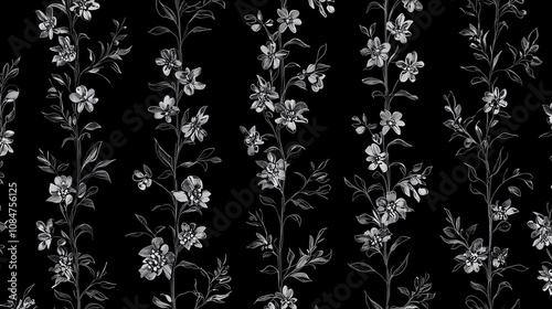 Seamless pattern with black a brush flowers,Hand drawn monochrome ornaments with linear flowers.Geunge floral elements,Ink drawing wild plants, herbs or flowers.organic background photo