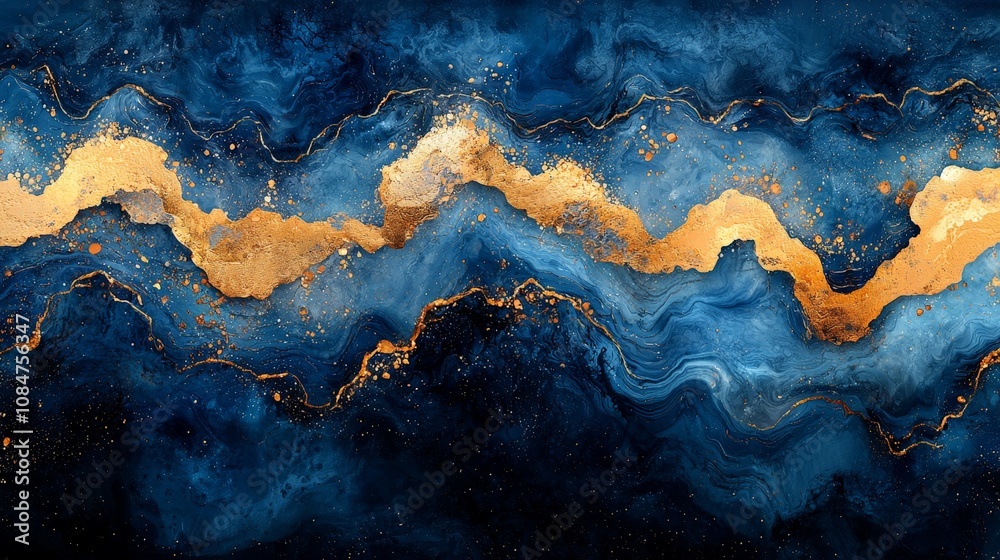 Abstract design featuring blue and gold waves, conveying elegance and fluidity. Abstract design featuring blue and gold waves, conveying elegance and fluidity.