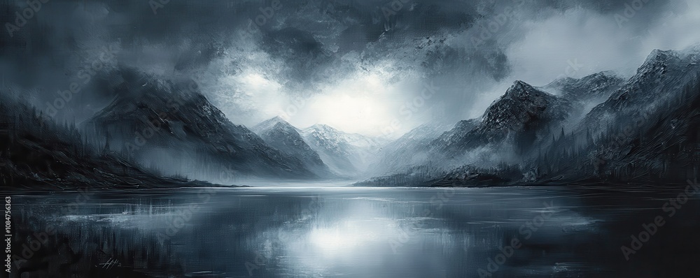 AI Black and white landscape art painting AI Black and white landscape art painting