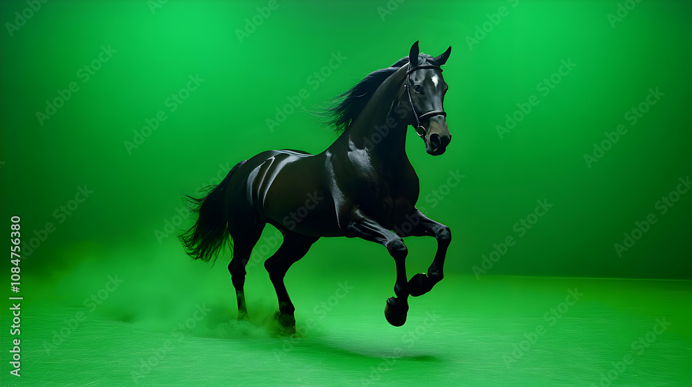 Black Horse Running on Green Screen Background - Illustration