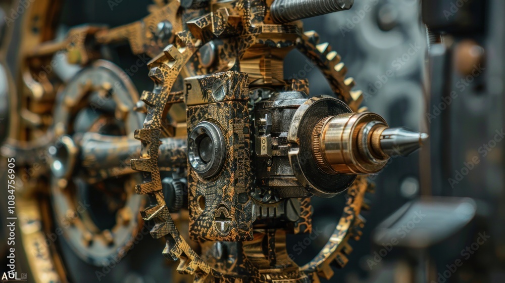 Close-up of a complex, intricate, and detailed steampunk-style gear system with gold accents. Close-up of a complex, intricate, and detailed steampunk-style gear system with gold accents.