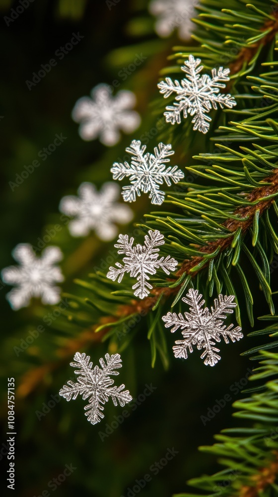 Beautiful snowflakes resting on pine tree branches creating winter wonderland scene Beautiful snowflakes resting on pine tree branches creating winter wonderland scene