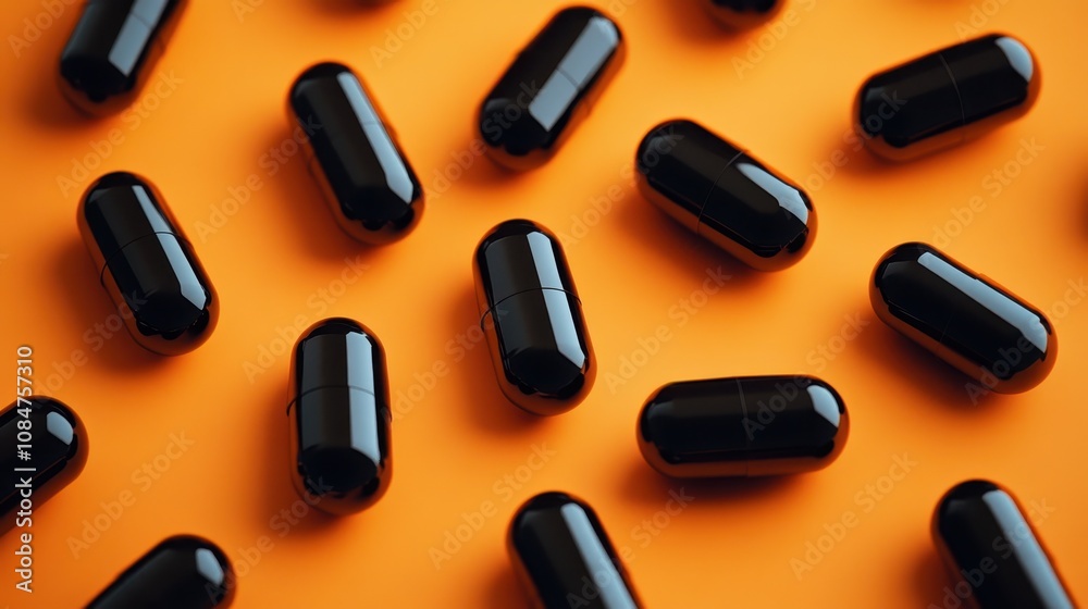 black capsules on a warm orange background, medical concept showcasing dietary supplements, contrasting colors enhance visual appeal for health related themes black capsules on a warm orange background, medical concept showcasing dietary supplements, contrasting colors enhance visual appeal for health related themes