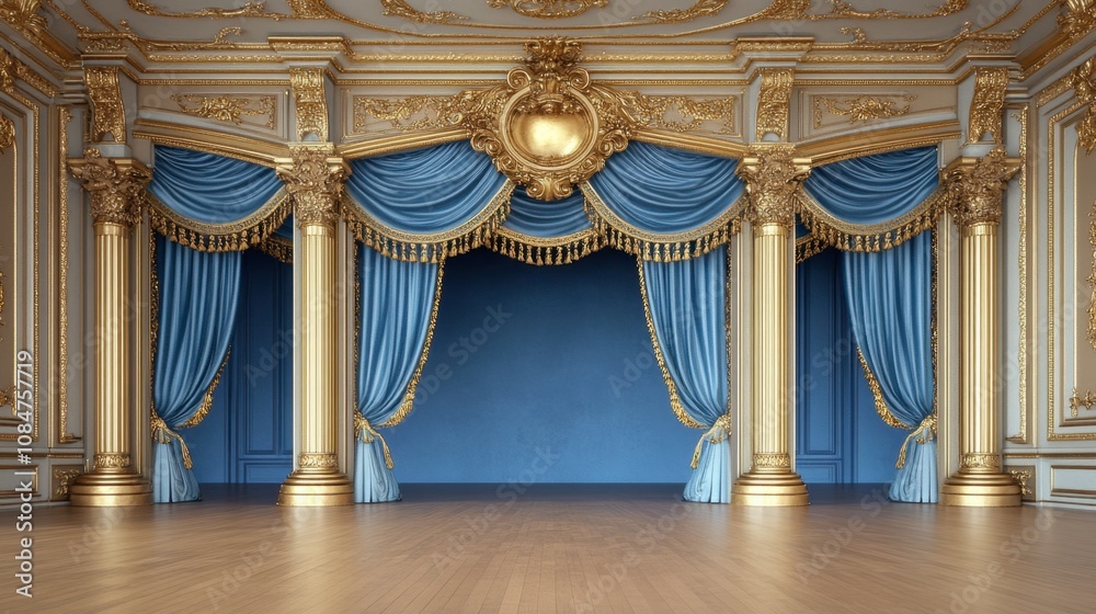 Luxurious Interior of Classic Theater with Elaborate Golden Decorations and Elegant Blue Drapes Framing an Empty Stage for a Dramatic Performance Setting