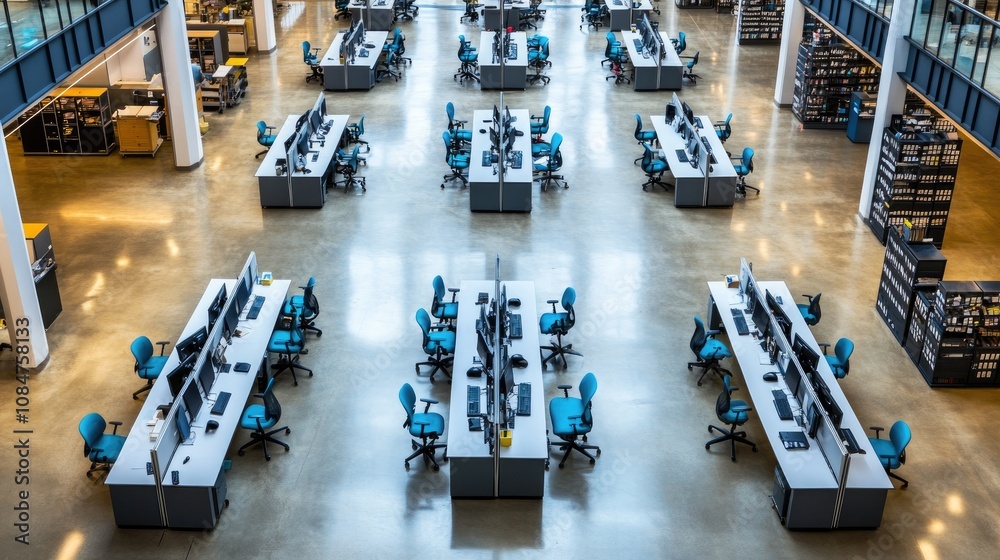 Obraz premium Spacious and Modern Office Workspace with Blue Ergonomic Chairs, Desks, and Computer Workstations in a Brightly Lit Environment