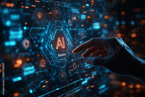 A glowing futuristic interface featuring AI-related text, illuminated hexagonal designs, and vibrant holographic elements, with a human hand interacting with the display in a dark, tech-inspired envir photo