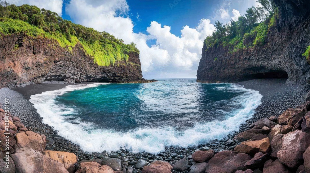 Obraz premium Breathtaking Coastal Landscape Featuring Turquoise Waters, Rocky Shoreline, Lush Green Cliffs, and Dramatic Skies in a Remote Tropical Paradise