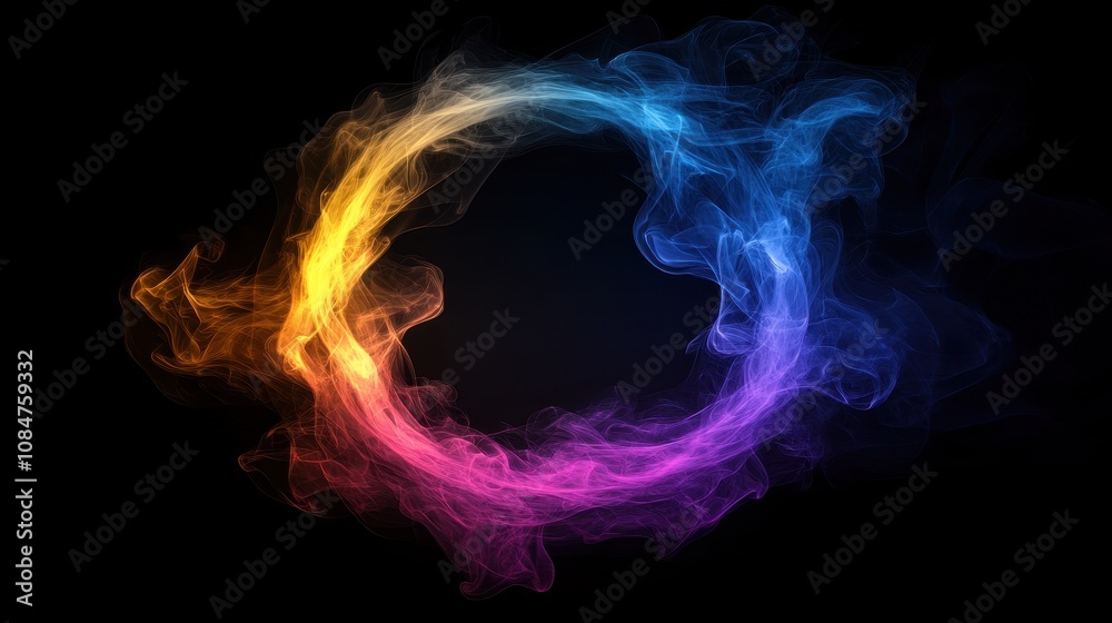 An abstract geometric smoke circle in purple yellow color on a black background An abstract geometric smoke circle in purple yellow color on a black background