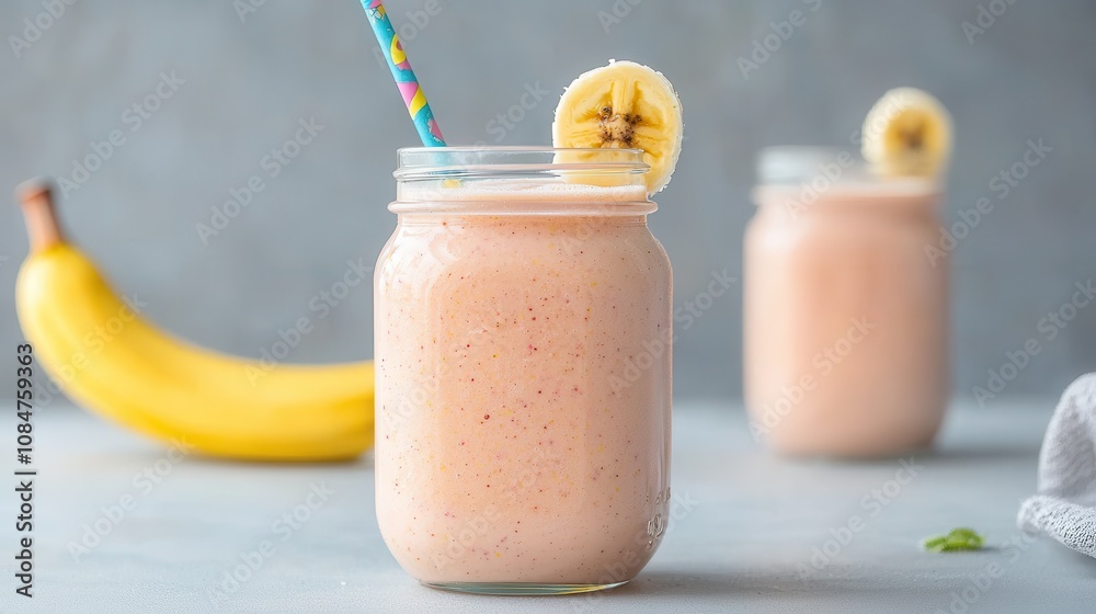 Refreshing Banana Smoothie in a Jar with Healthy Ingredients and Colorful Straw against a Soft Background, Perfect for Nutrition and Wellness Enthusiasts Refreshing Banana Smoothie in a Jar with Healthy Ingredients and Colorful Straw against a Soft Background, Perfect for Nutrition and Wellness Enthusiasts