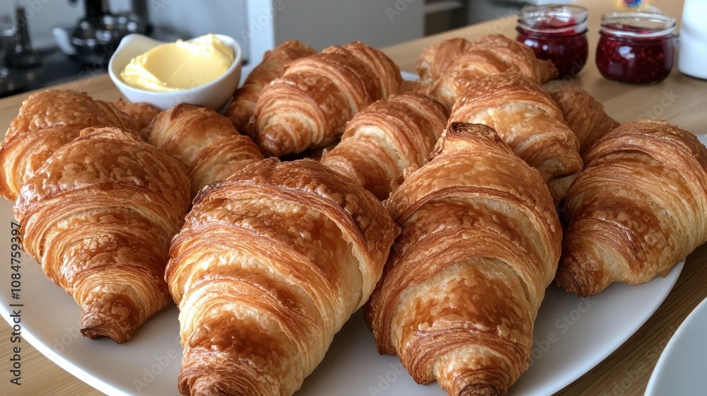 Freshly Baked Golden Croissants on a Plate with Butter and Jam in Jars Perfect for Breakfast or Brunch Enjoyed in a Cozy Kitchen Setting