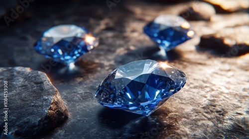 Sparkling Blue Gems on a Textured Surface, Glimmering Stones Reflecting Light in a Dark Setting, Gemstone Beauty Highlighting Elegance and Luxury in Close-Up View