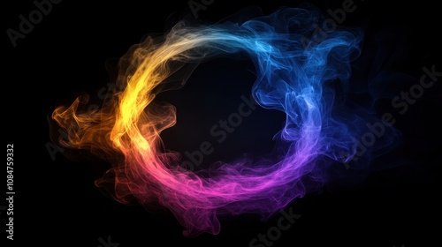 An abstract geometric smoke circle in purple yellow color on a black background