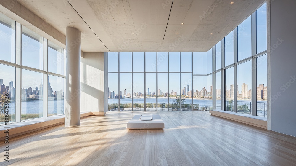 Fototapeta premium Clean, modern yoga studio with floor-to-ceiling windows