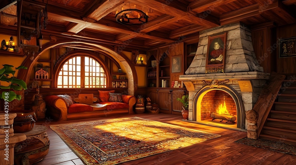 Obraz premium Medieval-style fantasy living room interior with wooden flooring next to a cozy fireplace