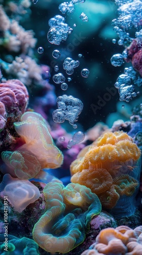 Colorful coral reef with air bubbles rising in aquarium photo