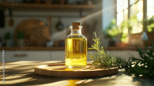 Rosemary infused oil in glass bottle on wooden tray.