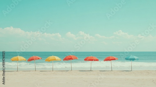 Colorful beach umbrellas lined up along a serene shoreline, with gentle waves and a bright blue sky creating a perfect summer vacation scene for relaxation and leisure.