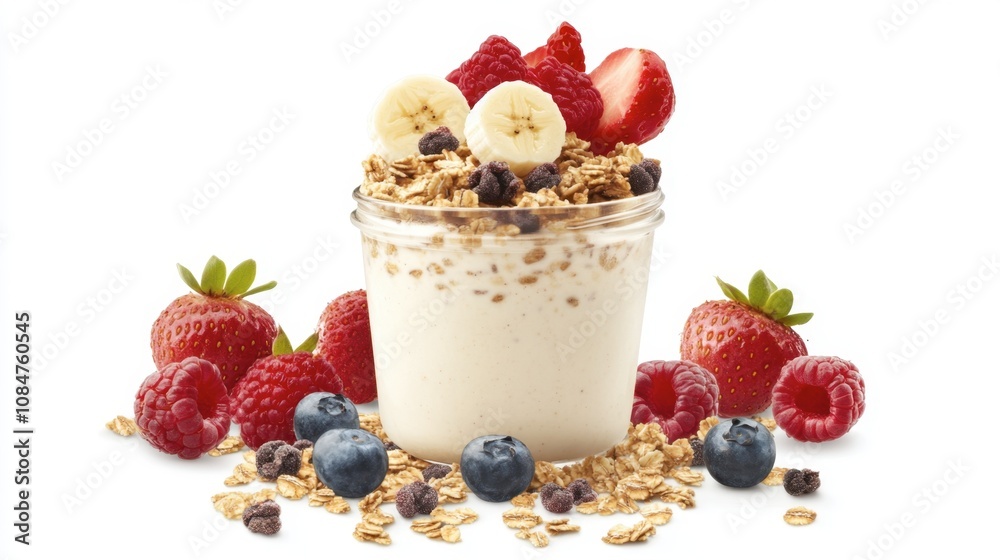 Healthy Breakfast Parfait in a Jar with Layers of Yogurt, Granola, and Fresh Berries Including Strawberries, Raspberries, and Blueberries on a White Background Healthy Breakfast Parfait in a Jar with Layers of Yogurt, Granola, and Fresh Berries Including Strawberries, Raspberries, and Blueberries on a White Background