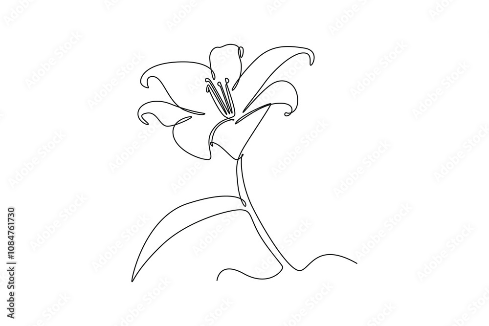 Single continuous line drawing of beauty fresh lilium for home wall decor poster. Printable decorative true lilies flower for wedding invitation card. One line draw graphic design vector illustration