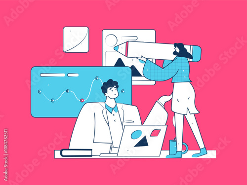 Flat vector illustration of business people operating work scene
