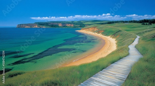 Serene Coastal Scene with a Wooden Pathway Leading to a Tranquil Beach Surrounded by Lush Greenery and Clear Blue Waters Under a Bright Sunny Sky