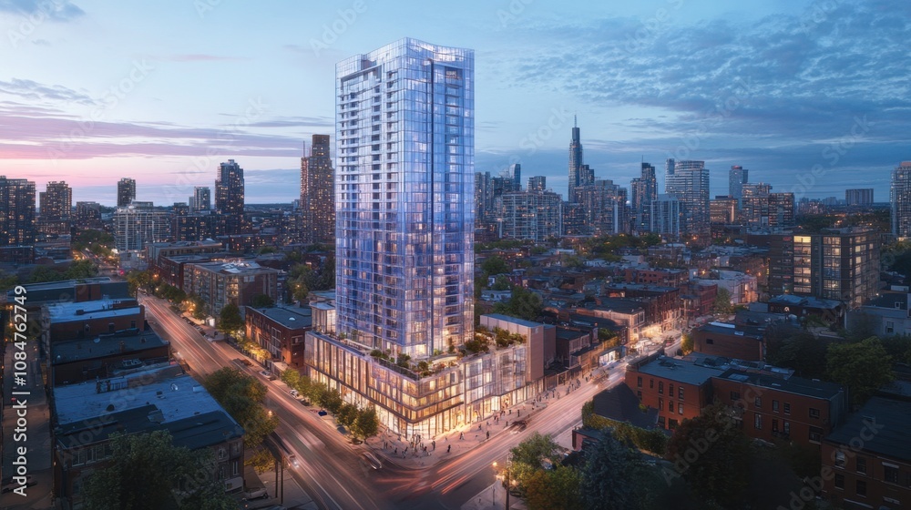 Fototapeta premium Modern Residential Tower Overlooking Urban Cityscape in Sunset, Featuring High-Rise Architecture Surrounded by City Lights and Clear Sky for Contemporary Living