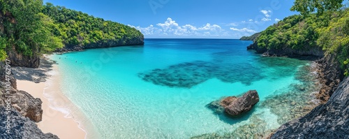 tropical island, crystal clear turquoise water, sandy beach, lush green vegetation, bright blue sky, serene and tranquil, vibrant colors, panoramic view, idyllic paradise, nature photography