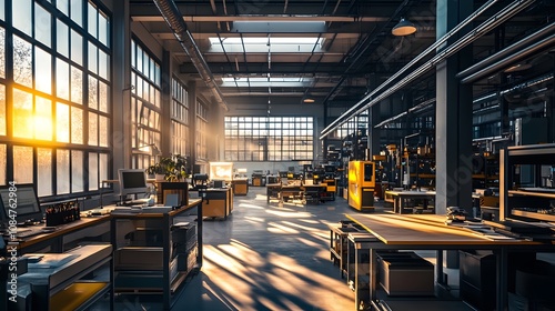 Fototapeta Naklejka Na Ścianę i Meble -  A large open office space with a lot of windows and a lot of desks. Scene is bright and open