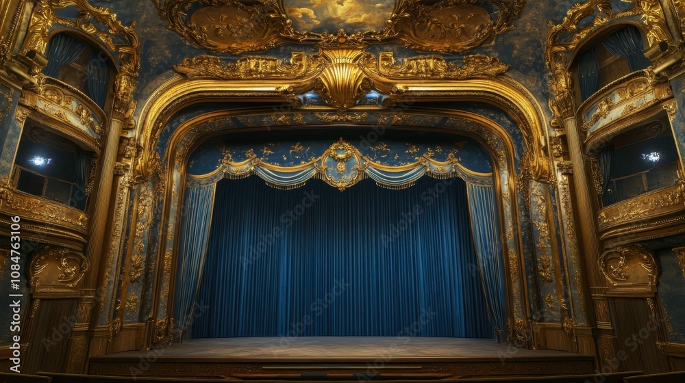 Fototapeta premium Elegant and Opulent Theater Stage with Golden Accents and Luxurious Blue Velvet Drapes Ready for a Spectacular Performance in a Historic Venue