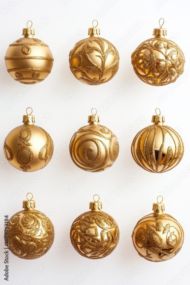 Golden Christmas balls isolated on a white background, luxurious holiday decorations for winter celebrations.