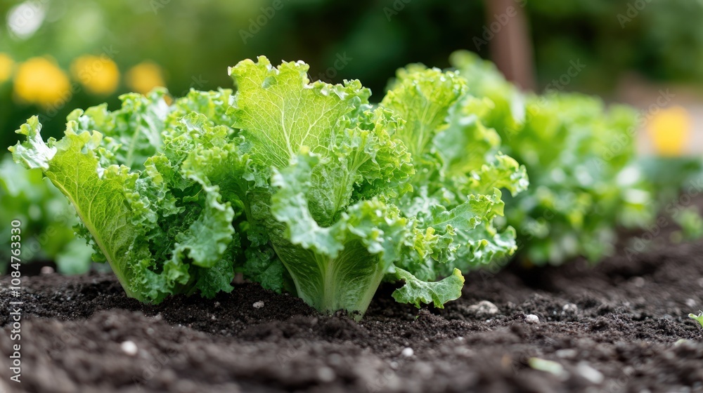 Fresh green lettuce plants growing in a garden bed. Fresh green lettuce plants growing in a garden bed.