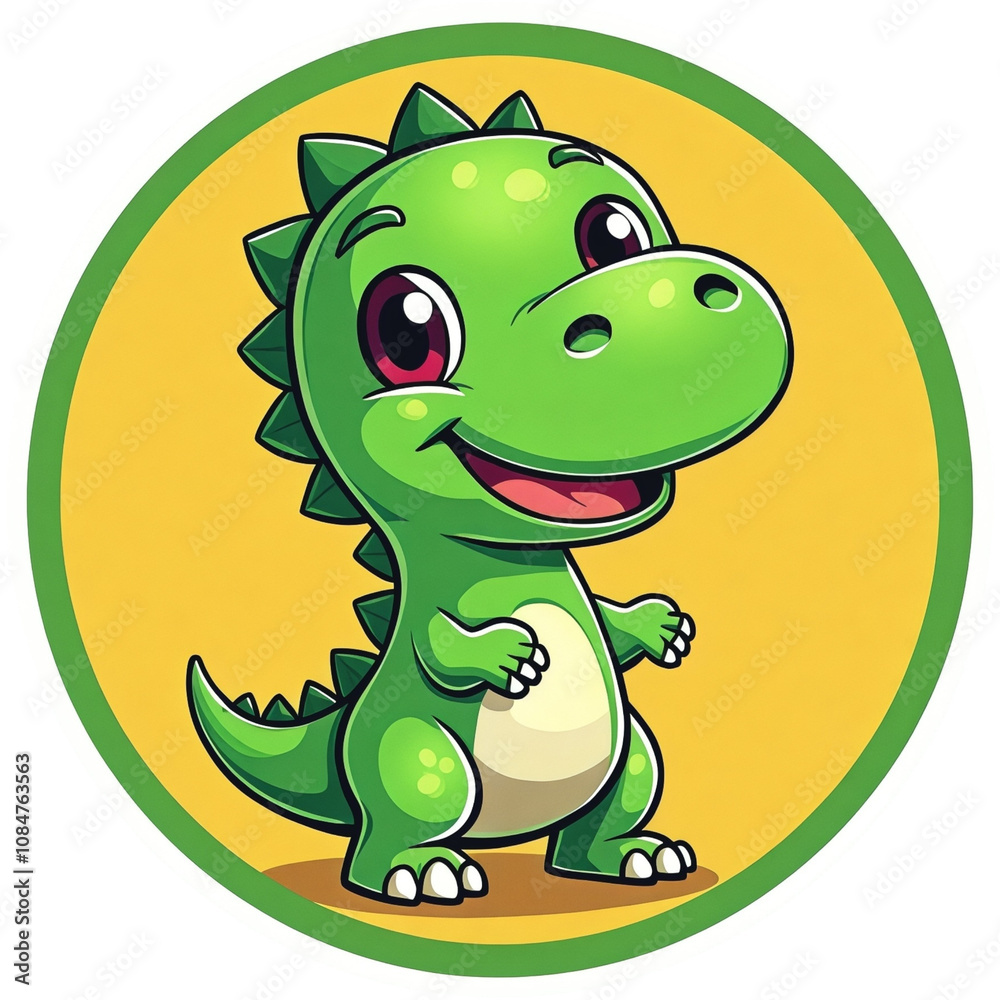 Fototapeta premium Cartoon dinosaur is smiling and standing on a yellow background
