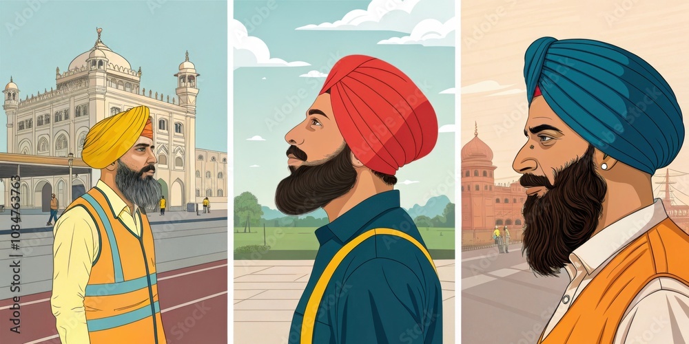 Obraz premium Three indian sikh men are showcasing their rich cultural heritage and diverse roles within their community, highlighting their presence in different settings and professions