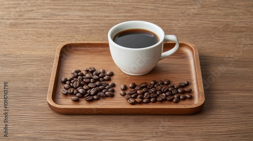 A cup of coffee sits on a wooden tray next to scattered coffee beans, showcasing a warm and inviting coffee experience.