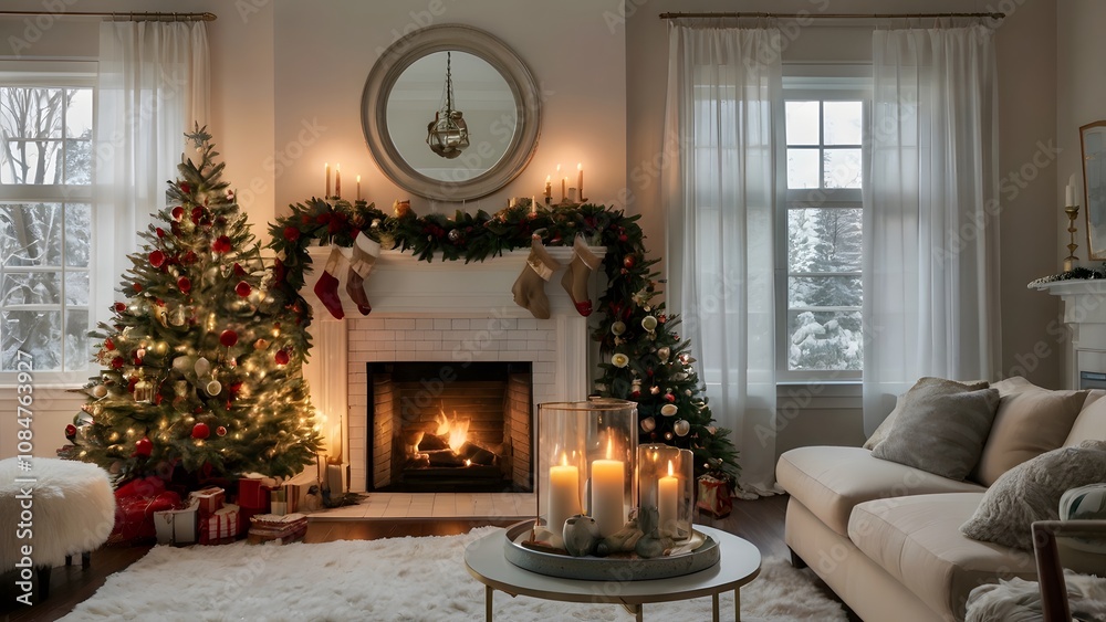 Cozy Living Room with Christmas Tree, Fireplace, and Festive Decorations for a Warm Holiday Mood Cozy Living Room with Christmas Tree, Fireplace, and Festive Decorations for a Warm Holiday Mood