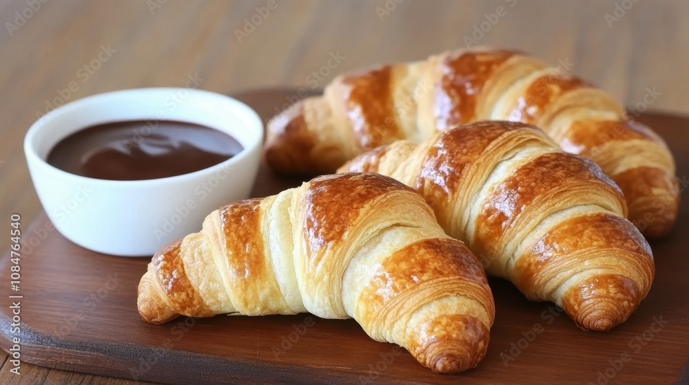 Freshly Baked Croissants Served with Rich Chocolate Sauce on a Wooden Board for a Delectable Breakfast or Afternoon Snack Experience Freshly Baked Croissants Served with Rich Chocolate Sauce on a Wooden Board for a Delectable Breakfast or Afternoon Snack Experience