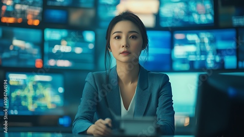 A focused woman sitting in front of multiple screens displaying data and information, suggesting a high-tech work environment.