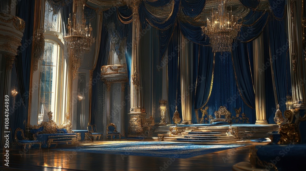 Obraz premium Luxurious Interior of an Elegant Royal Room with Opulent Decor, Rich Fabrics, Golden Accents, and Dramatic Lighting Creating a Regal Atmosphere