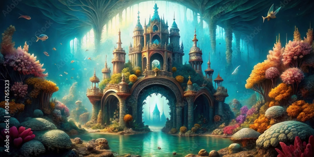 Obraz premium Majestic underwater castle with intricate arches made of various sea treasures , underwater, castle, majestic