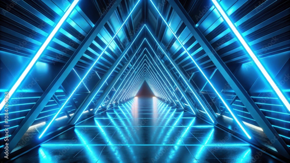 Fototapeta premium Futuristic rendering of a neon-lit tunnel with blue triangle shapes , Animation, music video