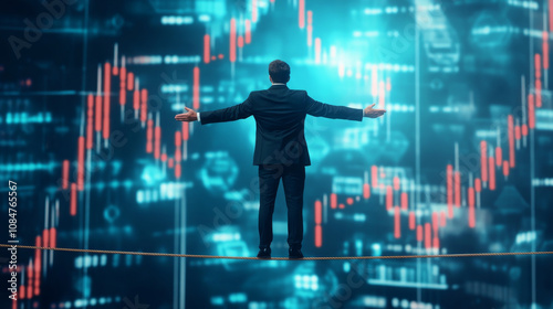 businessman balancing on tightrope with financial graphs in background, symbolizing risk and strategy in business