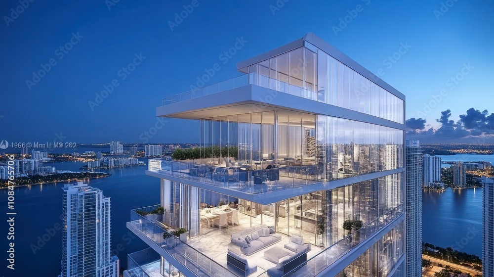 Stunning Modern Architecture of a Luxury High-Rise Building Overlooking a Serene Waterfront at Twilight with Clear Skies and City Lights Stunning Modern Architecture of a Luxury High-Rise Building Overlooking a Serene Waterfront at Twilight with Clear Skies and City Lights