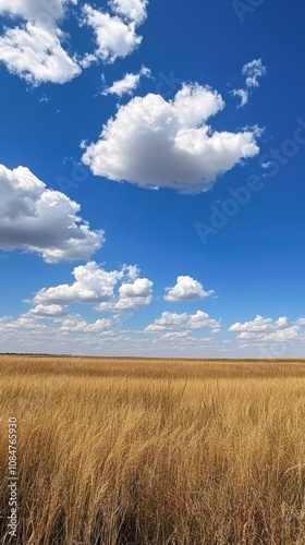 Golden grass field swaying under a cloudy blue sky